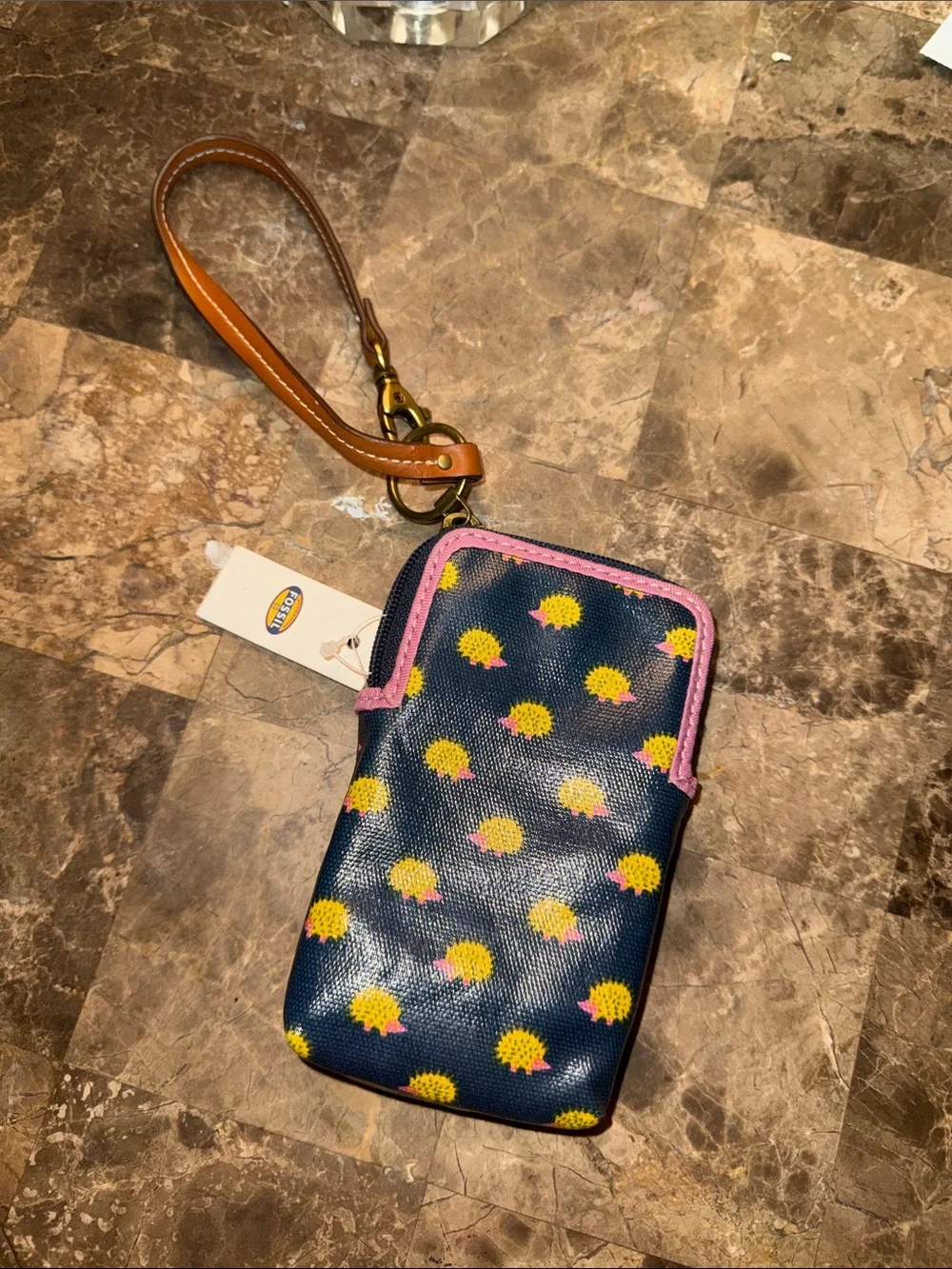 Retired Fossil Navy Phone Wristlet with Yellow Hedgehog Print and Pink Trim